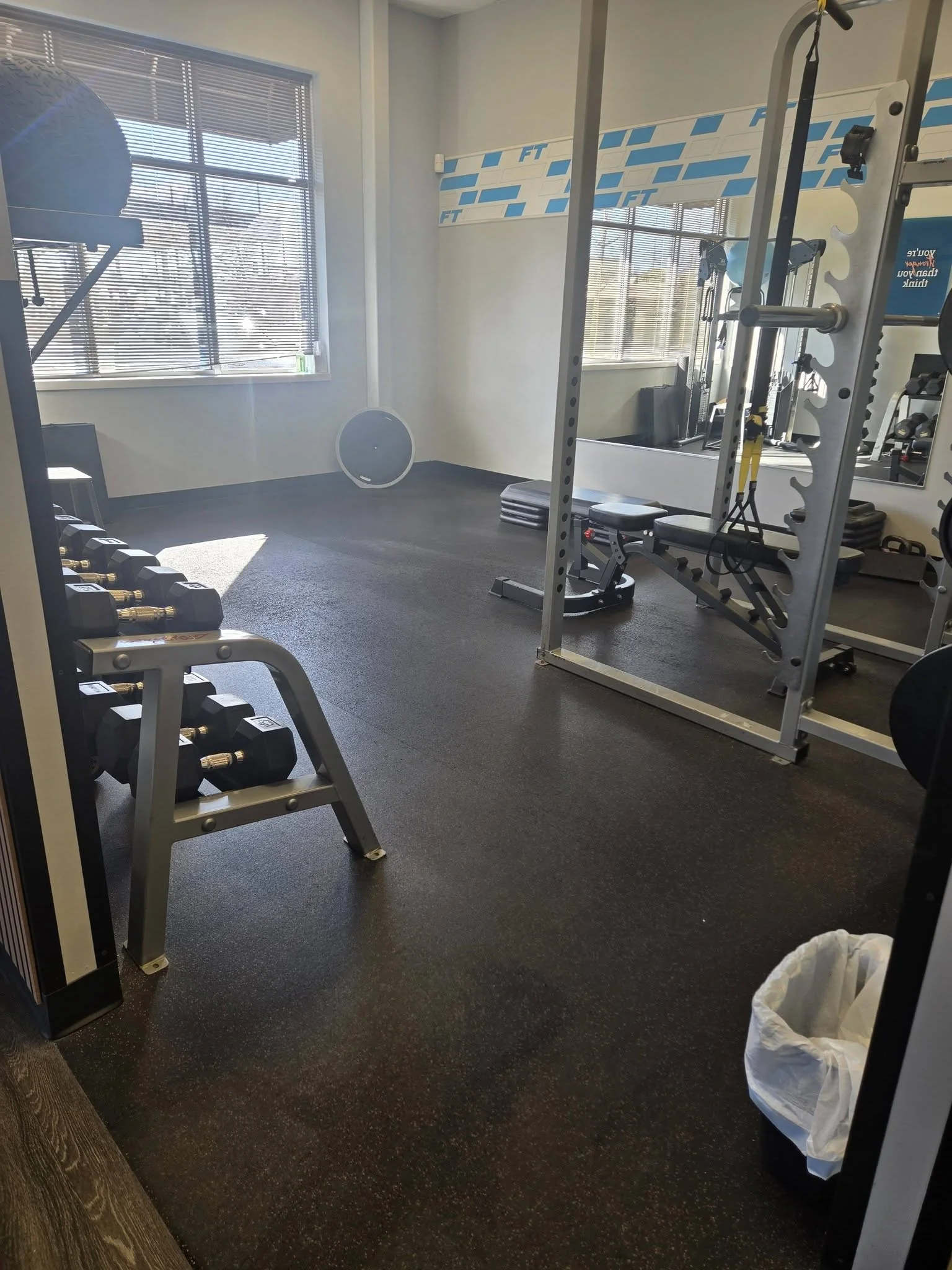Clean rubber flooring, weights and strength equipment